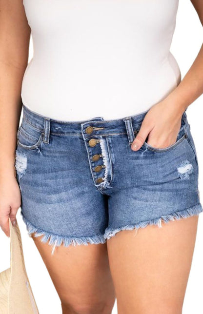 Plus Size Frayed Button Fly Denim Shorts with Slits