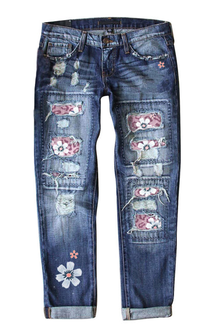 Women's Long Ripped Printed Casual Jeans