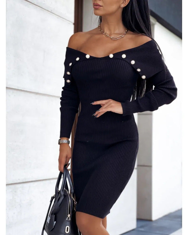 Button waist long-sleeved knit wrap hip dress