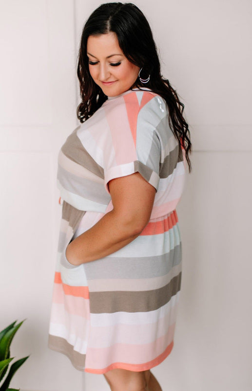 Striped Print Drawstring Short Sleeve Plus Size Dress