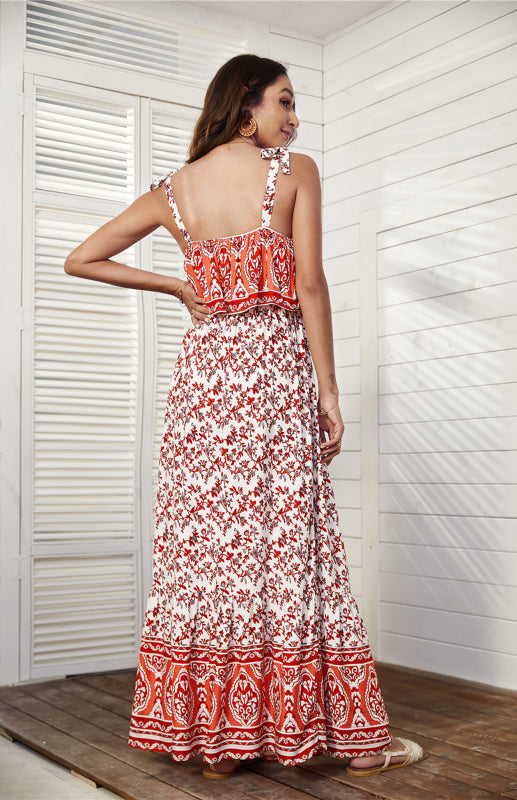 Sexy Off-shoulder Drawstring Beach Dress Ruffled Stitching Maxi Dress