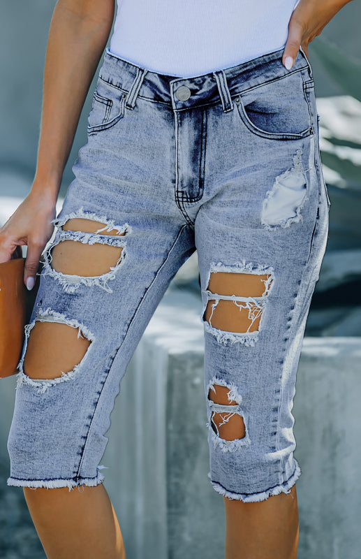 Light Blue Buttoned Distressed Denim Shorts