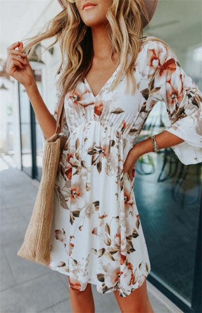 Women's V-Neck 3/4 Sleeve Floral Dress