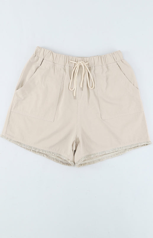 Black Raw Hem Pocketed Drawstring Casual Shorts