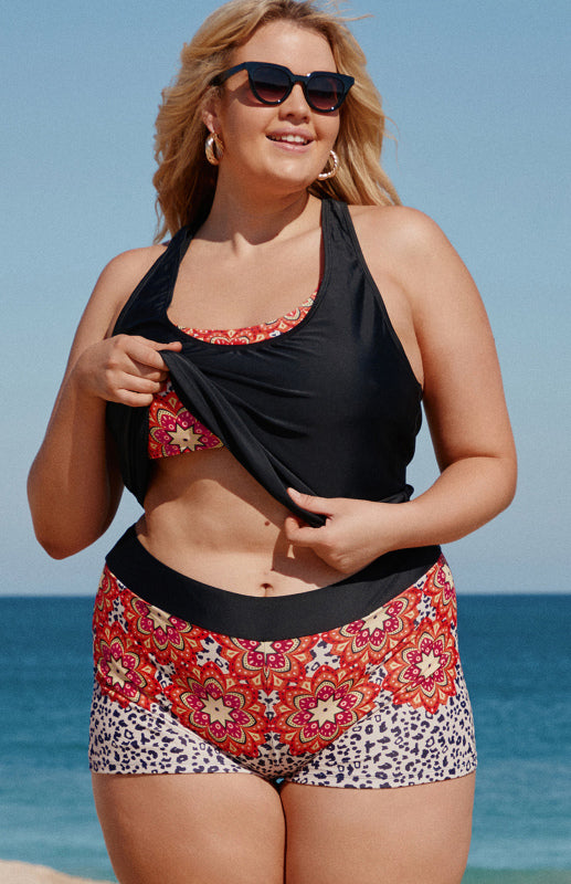 Black Floral Leopard Plus Size Tankini with Vest