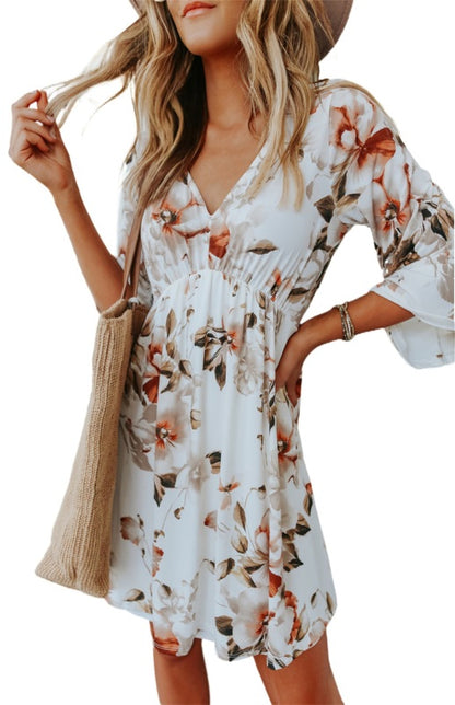 Women's V-Neck 3/4 Sleeve Floral Dress