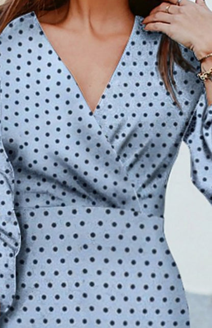 V-neck Polka-dot Print Pleated Mid-sleeve Fashion Dress