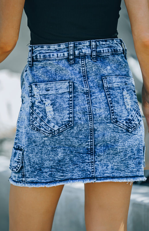 Women's High Waist Distressed Denim Mini Skirt with Pocket