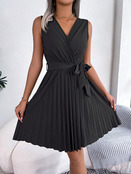 New temperament cross V-neck sleeveless waist pleated dress