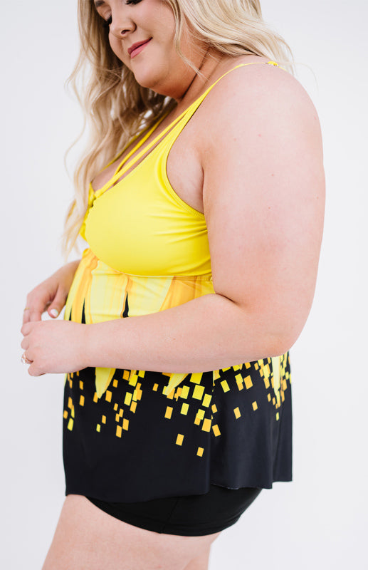 Yellow Sunflower Print Ring Detail Swimdress and Shorts Plus Size Tankini