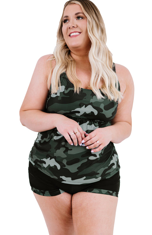 Green Camo Print Square Neck Plus Size Tankini