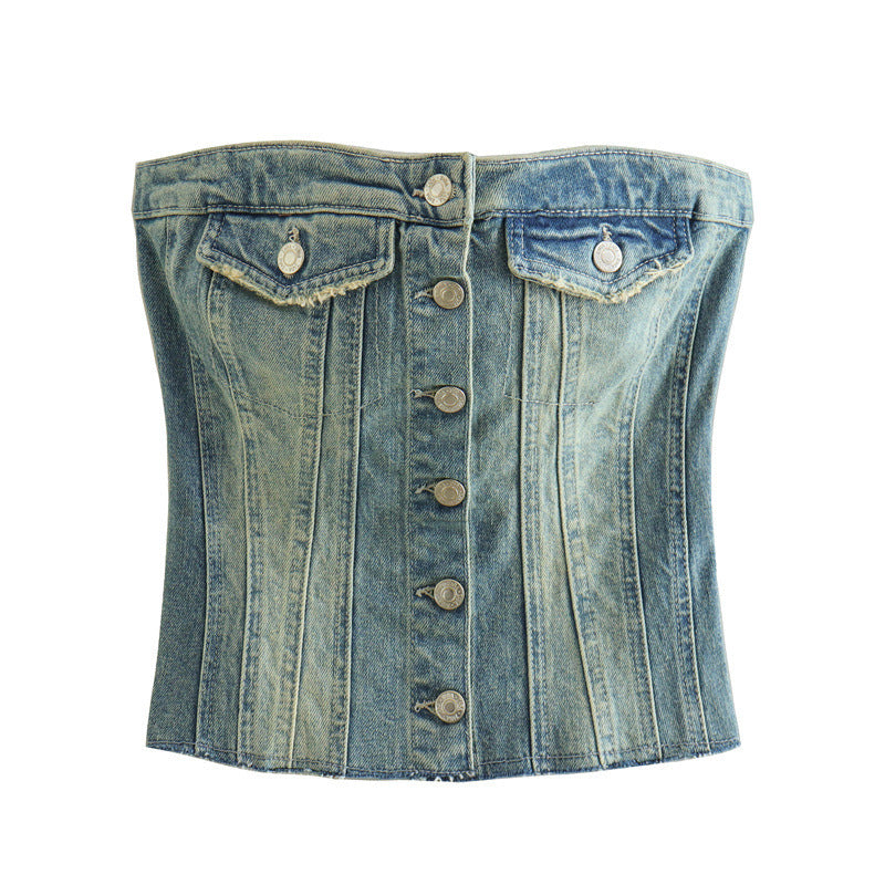 Retro strapless strapless slim-breasted denim top