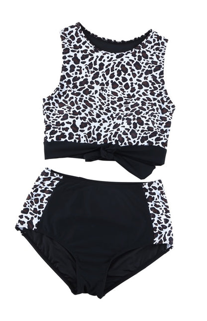 Women's Fashion Leopard Print Patchwork Knotted High Waist Bikini Swimwear