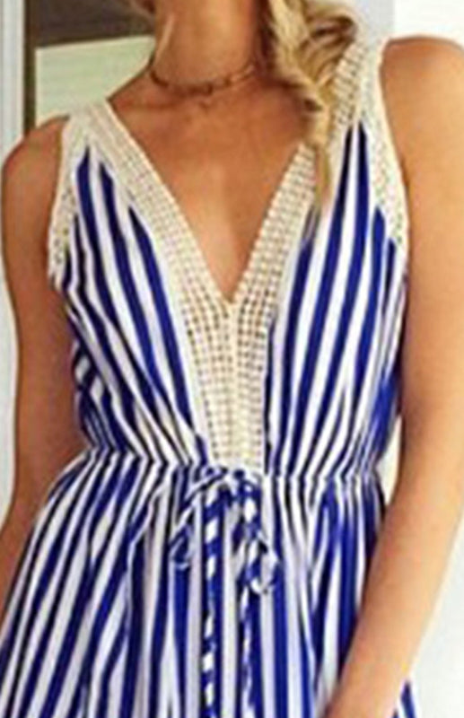 V-Neck Tank Top Dress Striped Print Sexy Lace Panel Dress