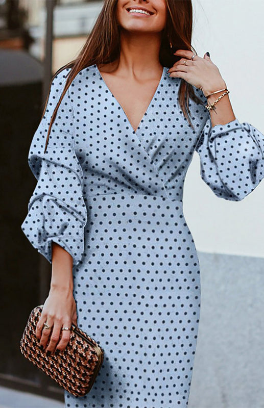 V-neck Polka-dot Print Pleated Mid-sleeve Fashion Dress