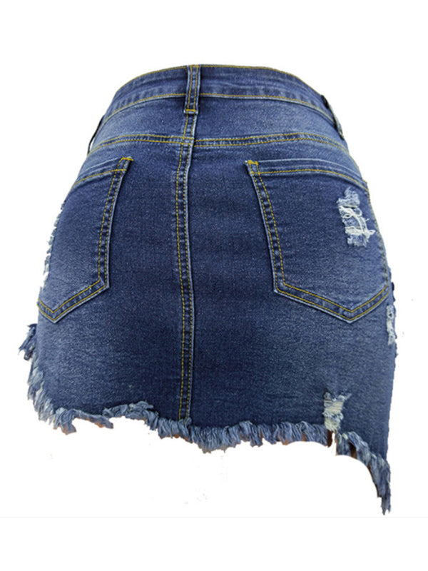 Women's ripped irregular frayed denim skirt