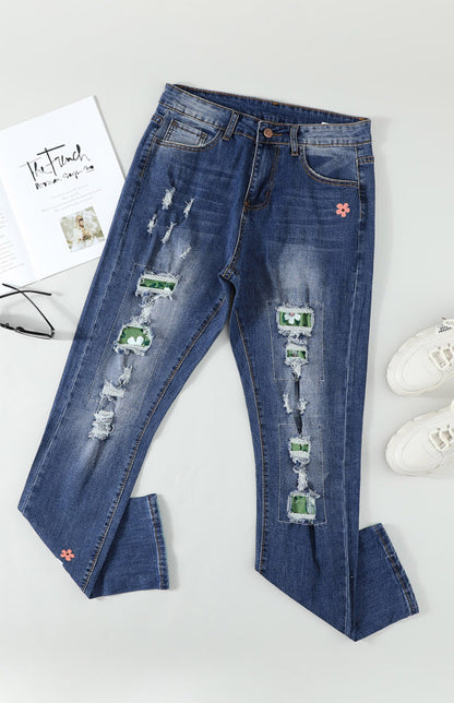 Women's Long Ripped Printed Casual Jeans