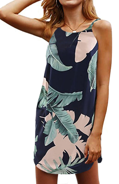 Women's Botanical Floral Print Navy Sleeveless Dress