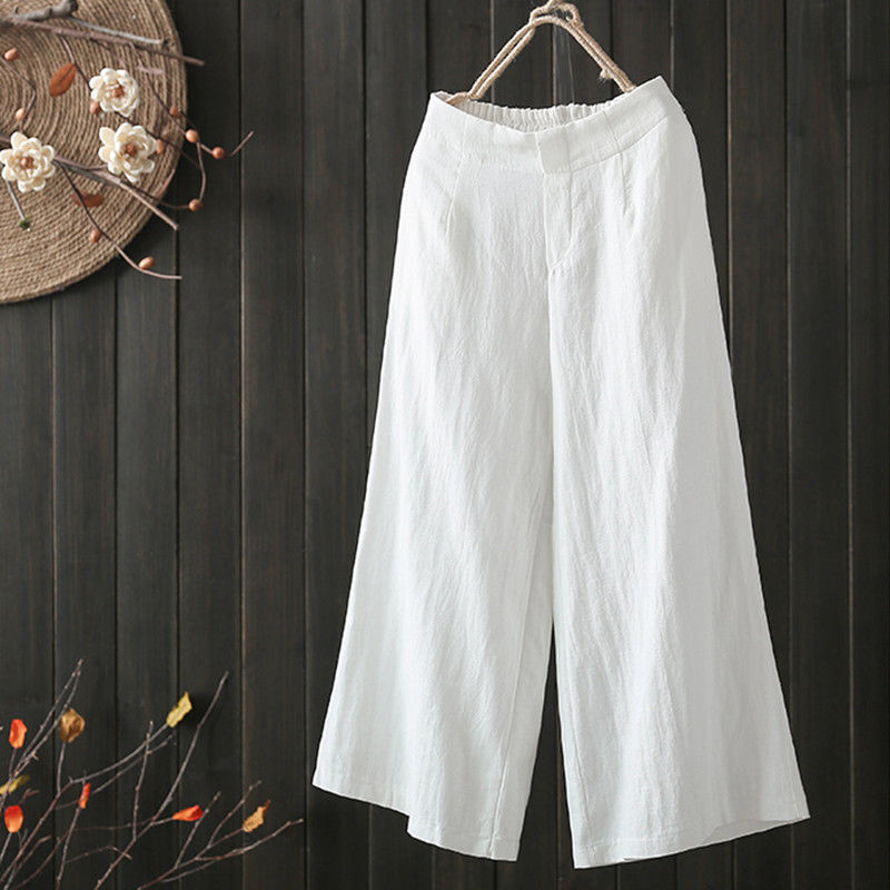 Women's solid color casual simple cotton and linen cropped wide-leg pants