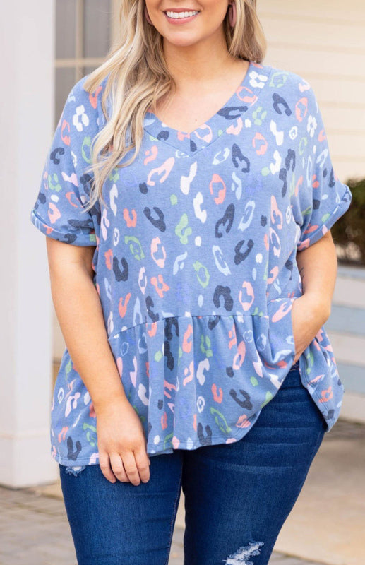 Sky Blue Leopard Print V Neck Flounce Plus Size Top