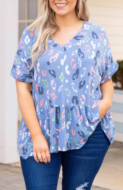 Sky Blue Leopard Print V Neck Flounce Plus Size Top