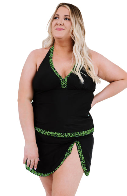 Halter V Neck Plus Size Tankini with Leopard Trim