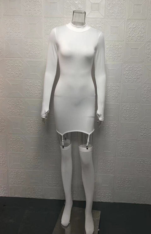 Sexy See-Through Long-Sleeved High-Neck Slim-Fit Hip Dress