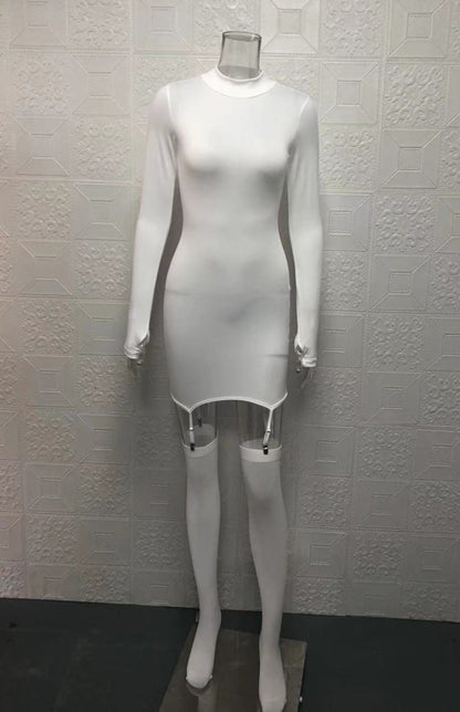 Sexy See-Through Long-Sleeved High-Neck Slim-Fit Hip Dress