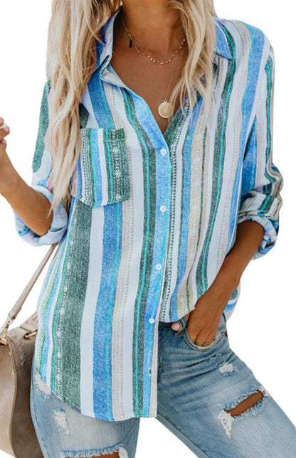 Linen Turn-down Collar Sweet Enough Striped Button Up Top