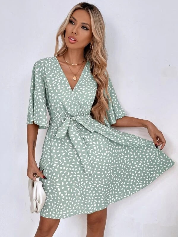 V-neck printing short-sleeved waist all-match dress