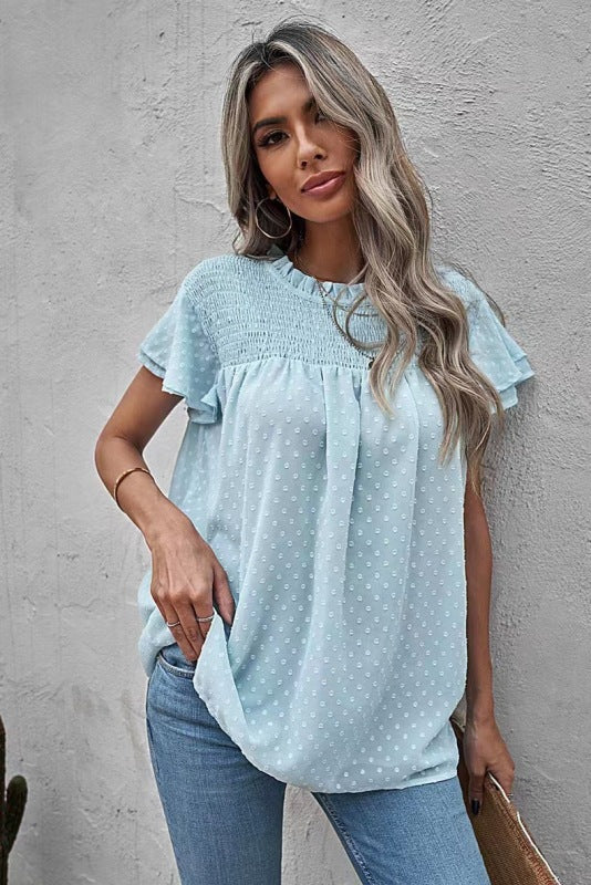 Women's Polka Jacquard Chiffon Loose Round Neck Head Short Sleeve Shirt