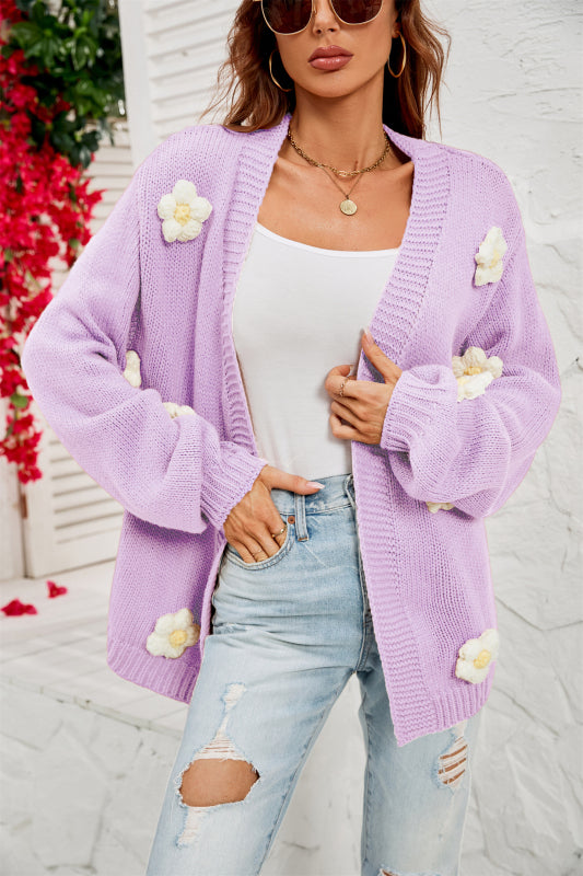 New long-sleeved floral cardigan lantern sleeves knitted sweater jacket