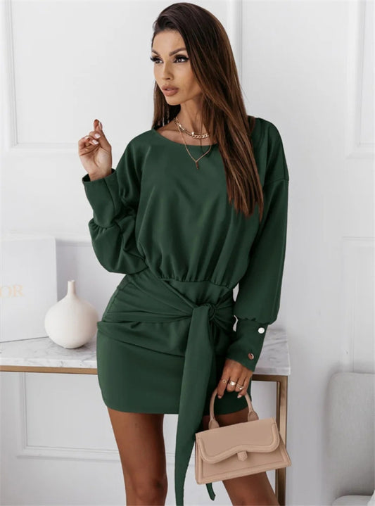 Long-sleeve wrap-butt slim tie round neck dress