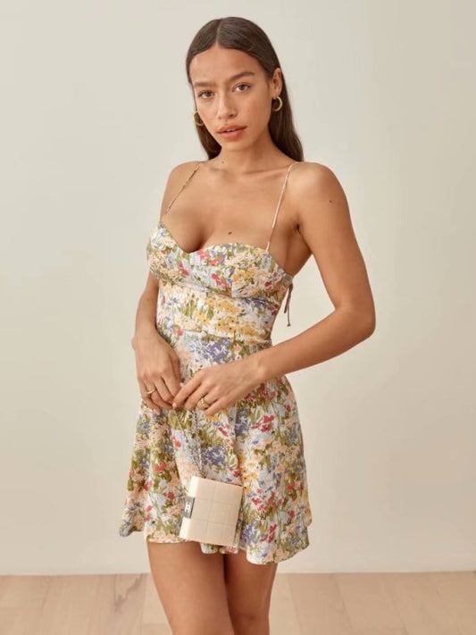 Slim Print High Waist Sexy Resort Tie Dress