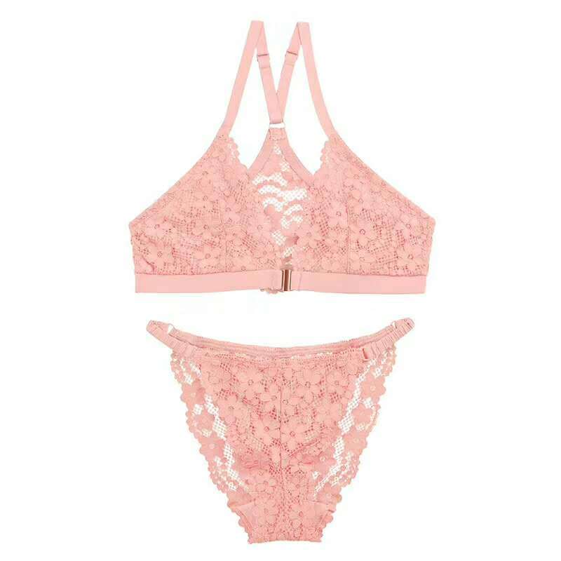 Front Button Net Lace Cup Back Bra and Thong Set