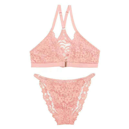 Front Button Net Lace Cup Back Bra and Thong Set