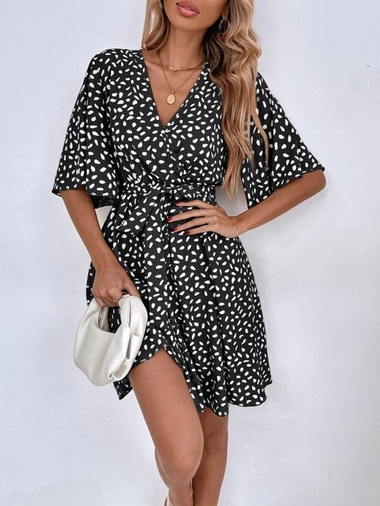 V-neck printing short-sleeved waist all-match dress