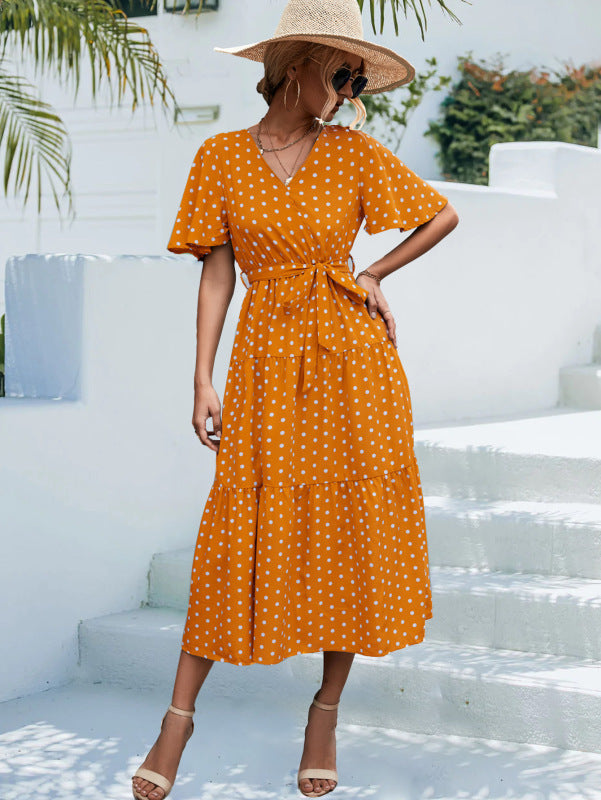 Women's Polka Dot Print Short Sleeve Midi Dress