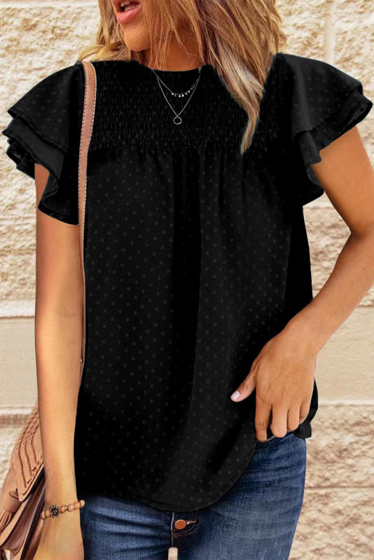 Women's Polka Jacquard Chiffon Loose Round Neck Head Short Sleeve Shirt