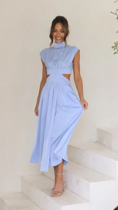 Stand Collar Macaron Open Waist Pleated Long Dress