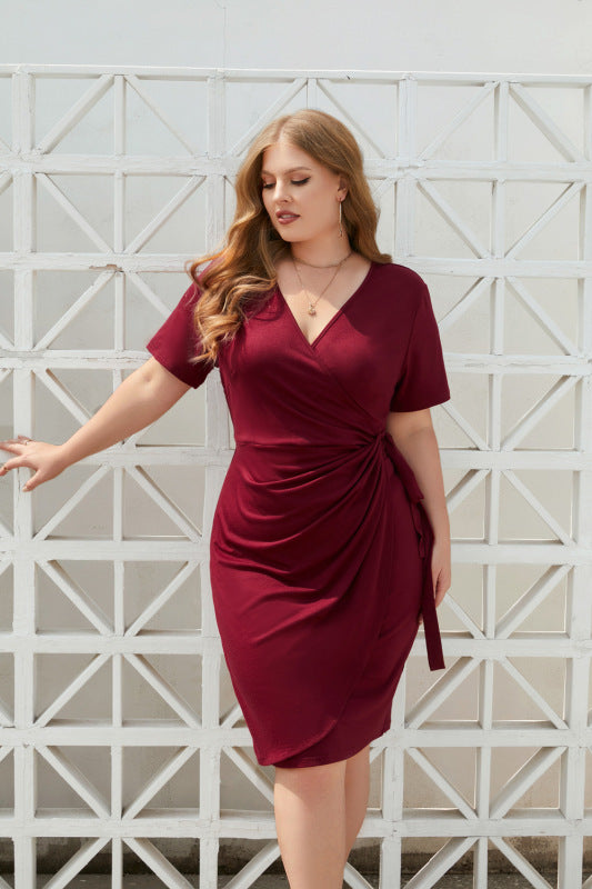 Plus Size Casual Holiday Tie V-Neck Midi Dress