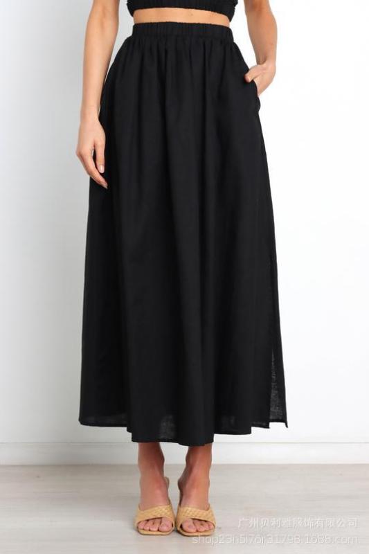 Women's Solid Color Elastic Waist Slit Midi Skirt