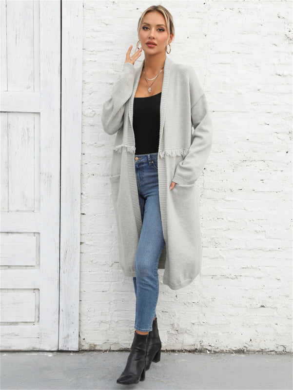 New long-sleeved long cardigan pocket temperament tassel coat sweater