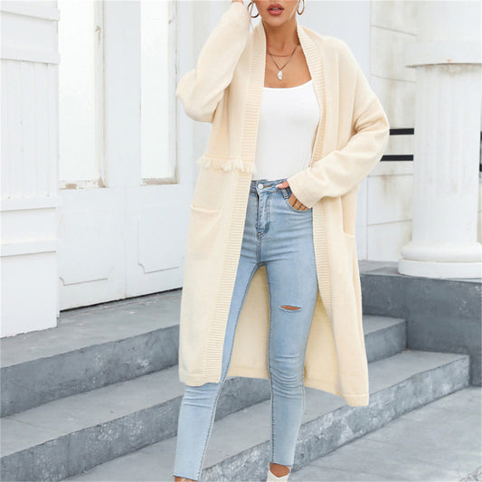 New long-sleeved long cardigan pocket temperament tassel coat sweater