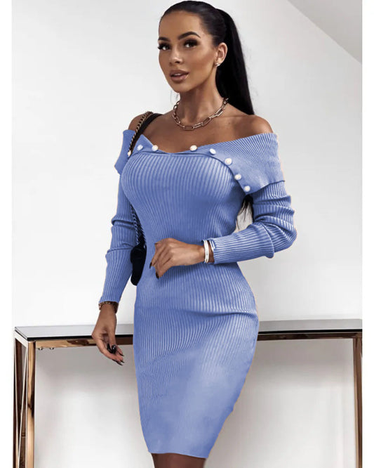 Button waist long-sleeved knit wrap hip dress