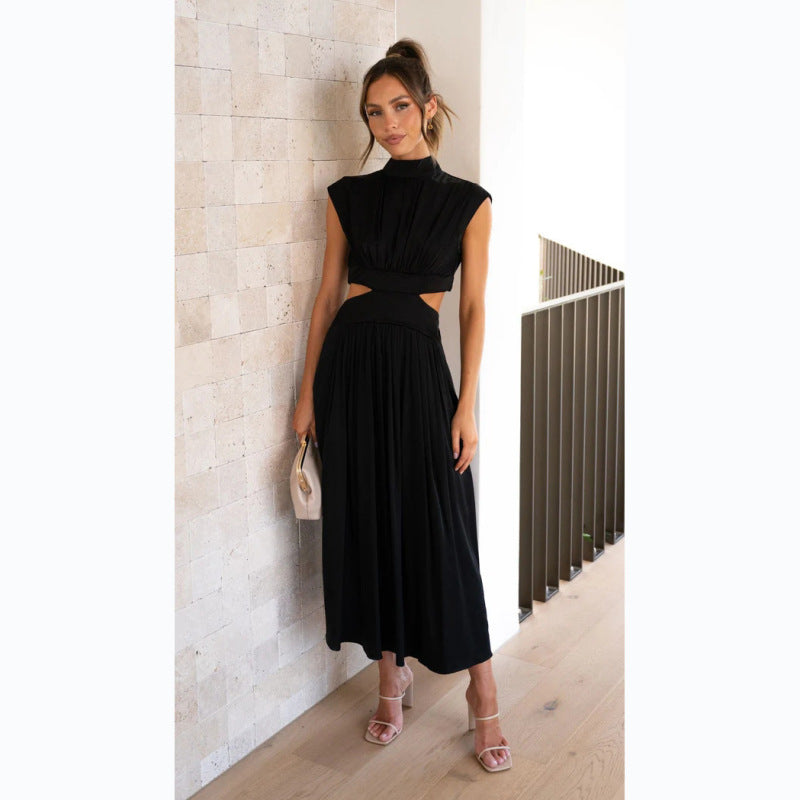 Stand Collar Macaron Open Waist Pleated Long Dress