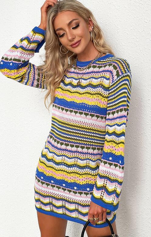 Women'S Rainbow Stripe Pullover Medium Length Sweater