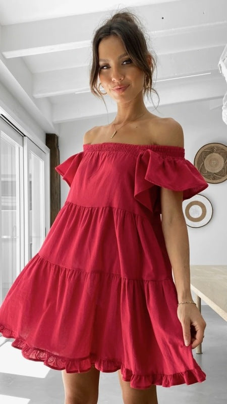 Women's Loose One Shoulder Sweet Solid Color Short Doll Dress