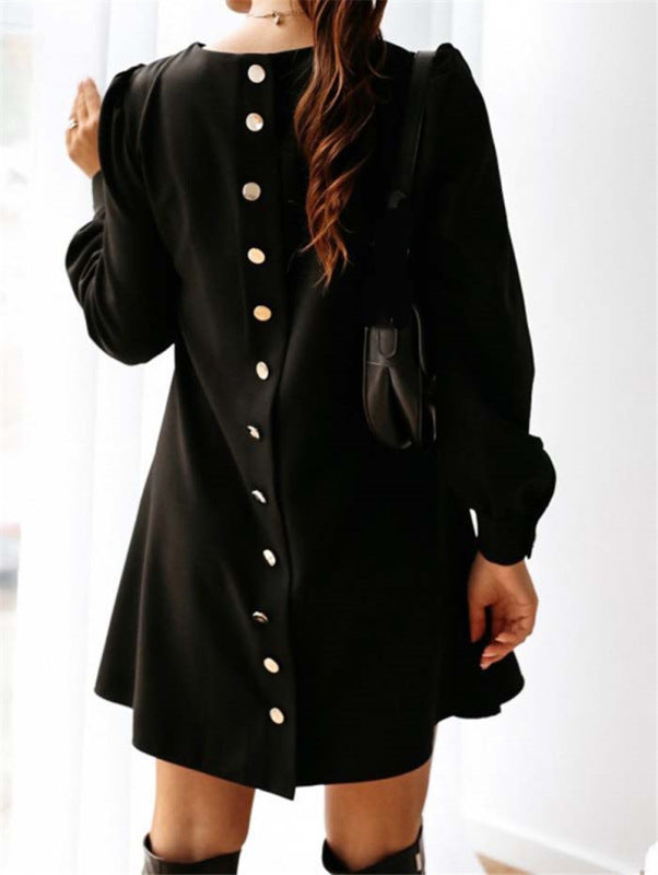 Long Sleeve Round Neck Metal Button Dress