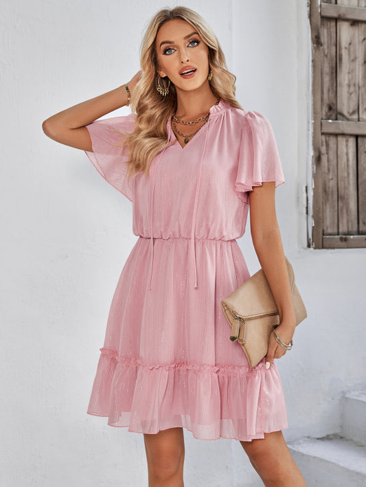 Fresh V-neck lace-up solid color ruffled dress for women